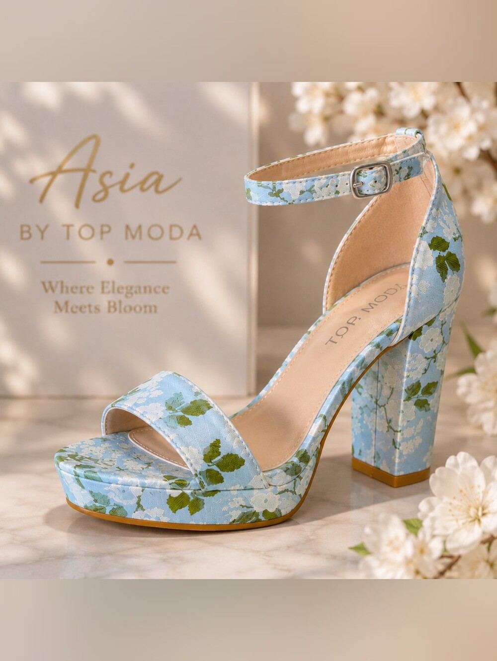 Top Moda Asia Floral Blue Ankle-Strap Platform Sandal